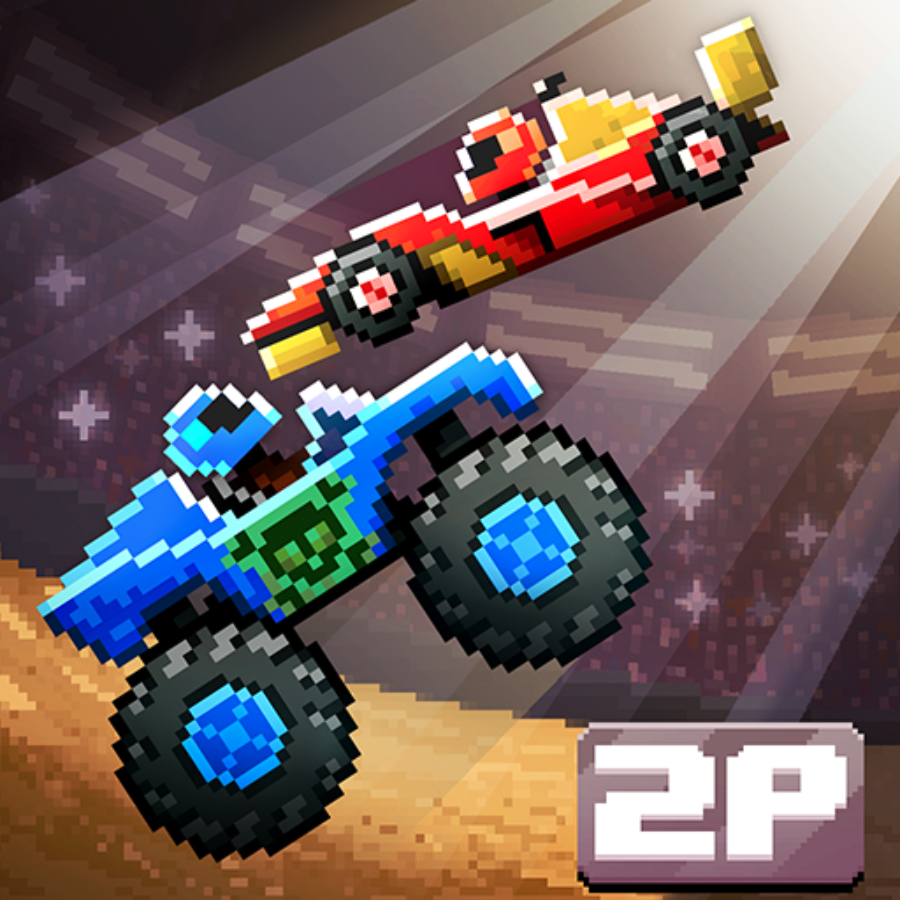 Drive Ahead MOD APK gameplay showing pixel-style car battle with monster truck and race car